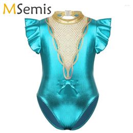 Stage Wear Girls Ballet Dress Gymnastics Leotard Halloween Showman Short Flutter Sheeves Metallic Sparkly Pools Keyhole Sluitgat