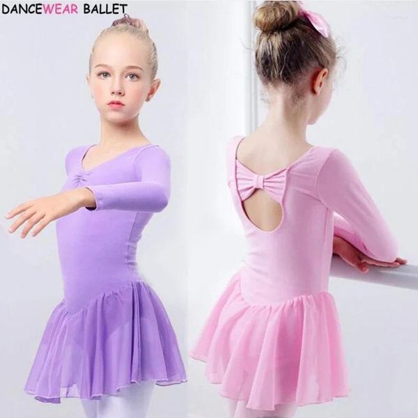 Etapa desgaste niñas ballet vestido gimnasia leotardo manga larga niños niño rosa ropa danza con faldas de gasa para