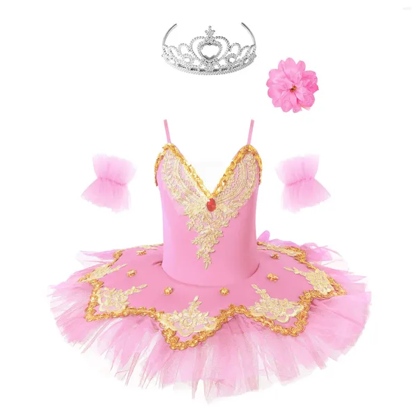 Stage Wear Filles Ballet Justaucorps Robe Brodée Strass Paillettes Maille Tutu Swan Danse Performance Costume Princesse Cosplay Vêtements