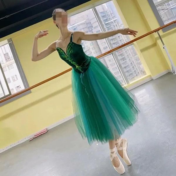 Portez des filles ballet tutu robe gymnastique leotard velours vert long adulo princess ballerina danse costume