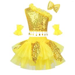 Stage Wear Filles Ballet Tutu Tenues Sequin Oblique Épaule Crop Top Et Jupe Avec Noeud Pince À Cheveux Poignets Jazz Danse Performance Costume