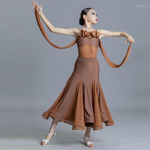 Stage Wear Girls Ballroom Dance Competition Dress Brown Waltz Performance Costume Body sans manches Skrit Tango Dancing Clothes VDB6165