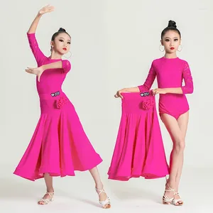 Stage Wear Filles Robe de danse de salon Dentelle Body Jupe Outfit Valse Danse Concours Costume Tango Performance Robes VDB7485