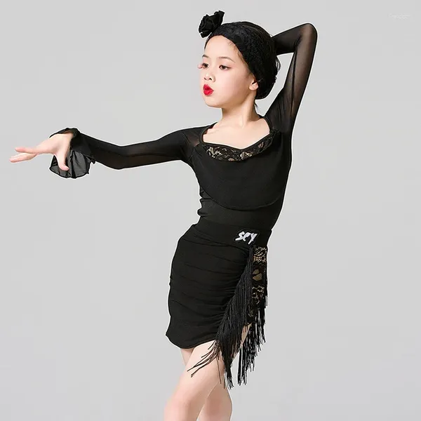 Stage Wear Girls Black Latin Dance Disfraz Bodysuit de manga larga Tassel de encaje