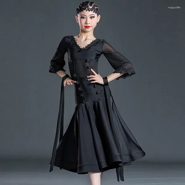 Stage Wear Girls Black Slee Long Dance Vestido de baile Latin Competición Mujeres Chacha Modern Samba atuendo VDL57