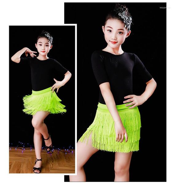 Stage Wear Girls Children Ballroom Tassels Fringe Latin Falda Práctica de disfraces Cha Rumba Samba Tango Performance Dancewear