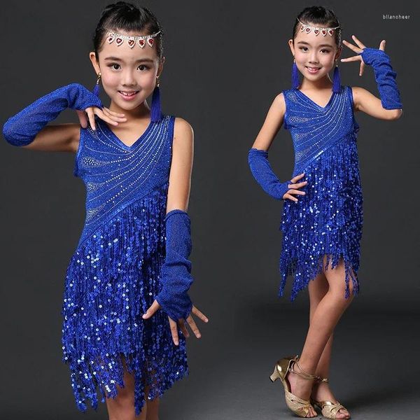 Scary Wear Girls Children Salsa Performance Robes Rainbow Sequin Fringe Fringe Latin Dance Robe à vendre Standard de la salle de bal