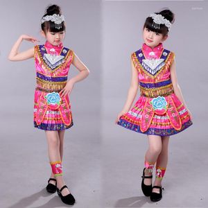 Stage Wear Girls Chinese Hmong National Dance Costumes Enfants Performance Miao Dancing Clothing Festival Tenues Tops Jupe Avec Coiffe