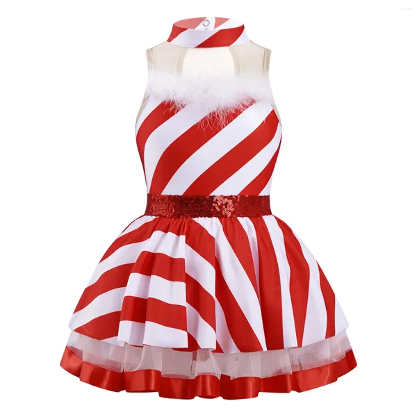 Stage Wear Filles Noël Robe rouge Enfants Noël Santa Costume de danse sans manches Keyhole Retour Mesh Rayé Ballet Gymnastique Justaucorps