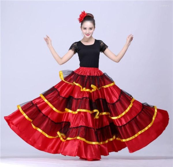 Stage Wear Costumes de danse pour filles Rouge Noir Satin Solide Robe de flamenco espagnole Lace Up Ballroom Performance Party Femme Jupe longue