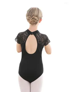 Stage Wear Filles Danse Justaucorps Dentelle Col Dancewear Haut Dos Arc En Forme De Goutte D'eau Enfant Gymnastique À Manches Courtes Ballerine Body Outfit