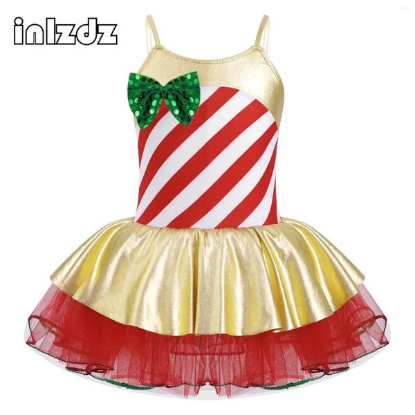 Desgaste de la etapa Niñas Elf Vestido de Navidad Niños Candy Cane Rayas Lentejuelas Santa Claus Cosplay Disfraz Carnaval Fiesta Ballet Leotardo Tutu