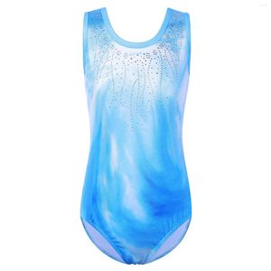 Stage Wear Girls Gradient Blue Ballet Leotard Rhinestone jumpsuit mouwloze gymnastiek oefenen outfit Bodysuit Dance -kostuum