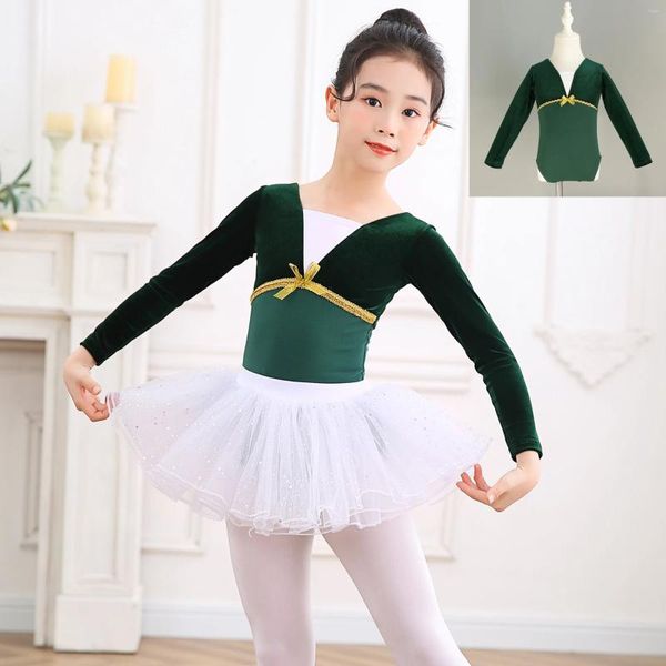 Porte des filles Green à manches longues Golden Velvet Dance Training Training Kids Gymnastics Ballet Ballet Terrard Robe Costumes