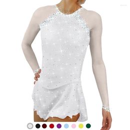 Vêtements de scène filles justaucorps de gymnastique Ballet Dancewear enfant robe de patinage sur glace à manches longues strass maille formation Figure tenues