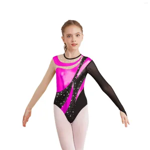 Stage Wear Filles Gymnastique Ballet Danse Combinaison Body Dane Costumes De Compétition À Manches Longues Brillant Tutu Costume De Patinage Artistique