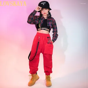 Scary Wear Girls Hip-Hop Vêtements Plaid Shirt avec nombril exposé Vest Red Loose Casual Pantals Street Dance Costume Jazz Performance