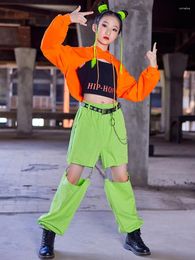 Stage Wear Filles Hip Hop Costume Jazz Performance Vêtements Orange Manches Longues Tops Pantalon Vert Enfants Street Dance Kpop Outfit BL9498