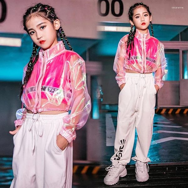 Scary Wear Girls Hip-hop Costume Pink Tops Pantalons blancs Children's Hip Hop Performance Clothes Jazz Dance