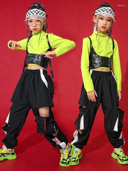 Escenario desgaste niñas jazz danza ropa hip hop traje verde tops negro hiphop pantalones niños moderno rendimiento traje KPOP traje BL9899