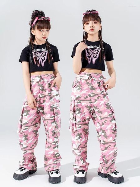 STAGE Wear Girls Jazz Dance Vêtements Hip Hop Costume Summer Black Crop Tops Fashion Pink Camouflage Pantal