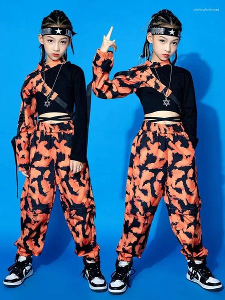 Escenario desgaste niñas jazz traje de baile de una sola manga leopardo naranja camuflaje trajes kpop concierto show ropa niños hip hop ropa DNV17005