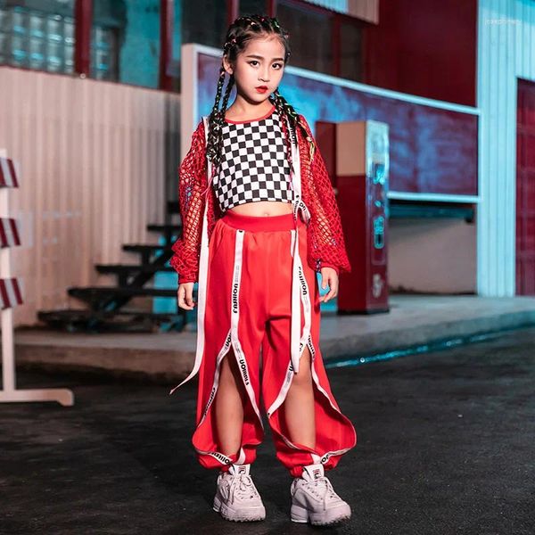 Stage Wear Filles Jazz Dance Costume Streetwear Rouge Net Manteau Haren Pantalon Enfants Hip Hop Vêtements Kpop Street Tenues VDB962