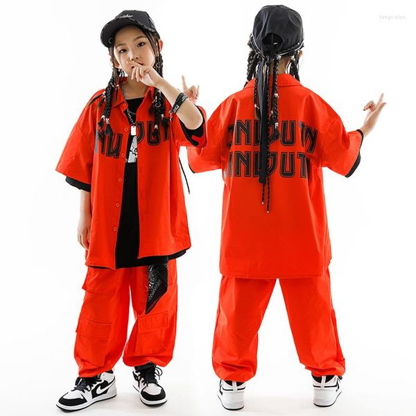 Desgaste de la etapa Traje de baile de jazz para niñas Ropa de hip hop de verano para niños Tops rojos Pantalones Traje de manga corta Traje de rendimiento para adolescentes Kpop BL10597