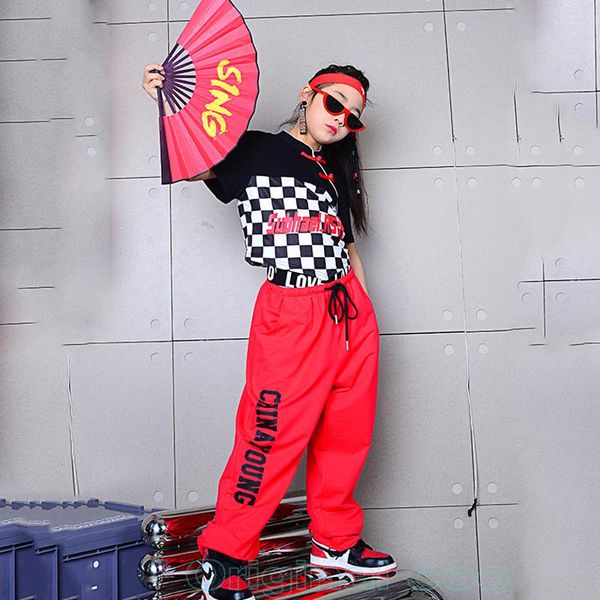 Stage Wear Filles Jazz Dance Costumes Enfants Style Chinois Damier Hip-Hop Tenues Catwalk Performance Hip Hop Vêtements DQS9438