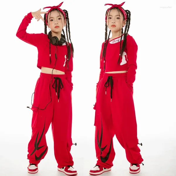 Stage Wear Filles Jazz Dance Costumes modernes à manches longues Pantalons lâches Tenues rouges pour enfants Hip Hop Dancing Performance Rave Vêtements DN16395