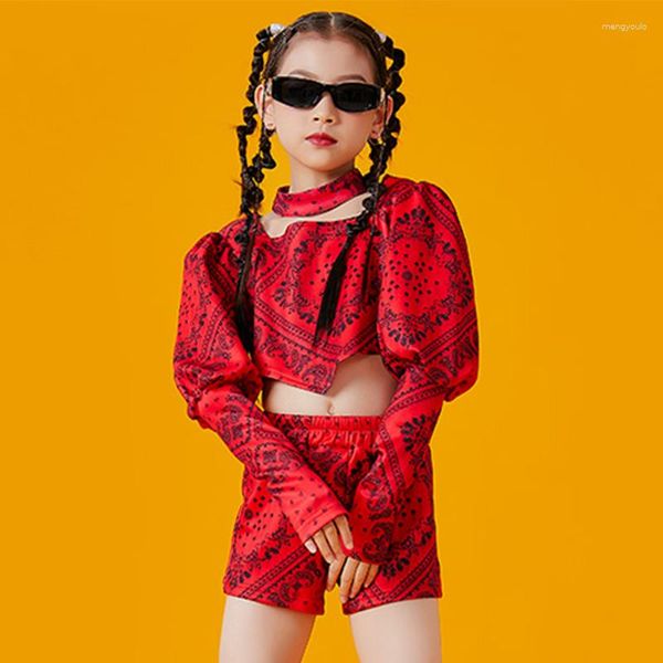 Stage Wear Filles Jazz Dance Performance Costume Rouge Bubble Manches Kpop Outfit Style Chinois Vêtements Hip Hop Enfants Vêtements DNV17087