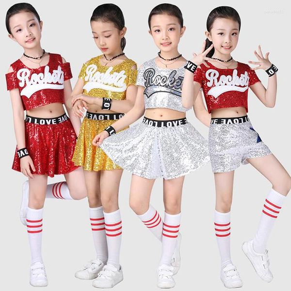 Desgaste de la etapa Niñas Jazz Dance Sequined Ballroom Hip Hop Competición Disfraces Camisa Tops Pantalones Kid Cheerleaders Traje de baile