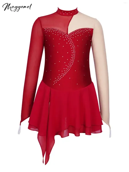 Stage Wear Filles Junior Brillant Strass À Manches Longues Robe De Danse Justaucorps Compétition De Patinage Artistique Costume Illusion Sweetheart Dancewear