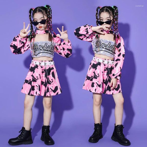 Escenario desgaste niñas k- trajes moda jazz danza traje rosa leopardo lentejuelas traje niños hip hop ropa adolescente rendimiento ropa