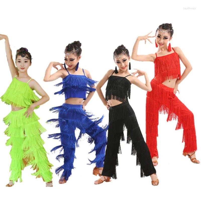 Stadiumkleding Meisjes Kids Kind Latin Dance Kleding Tango Samba Salsa Kostuums Blauw Zwart Rood Fringe Ballroom Top Broek Set