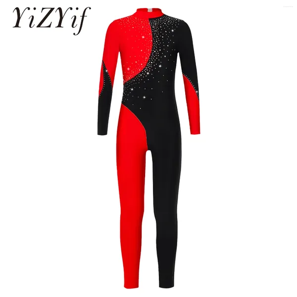 Ropa de escenario Niñas Niños Manga larga Ballet Danza Leotardo Rhinestone Contraste Color Deporte Entrenamiento Body Monos Performance Dancewear