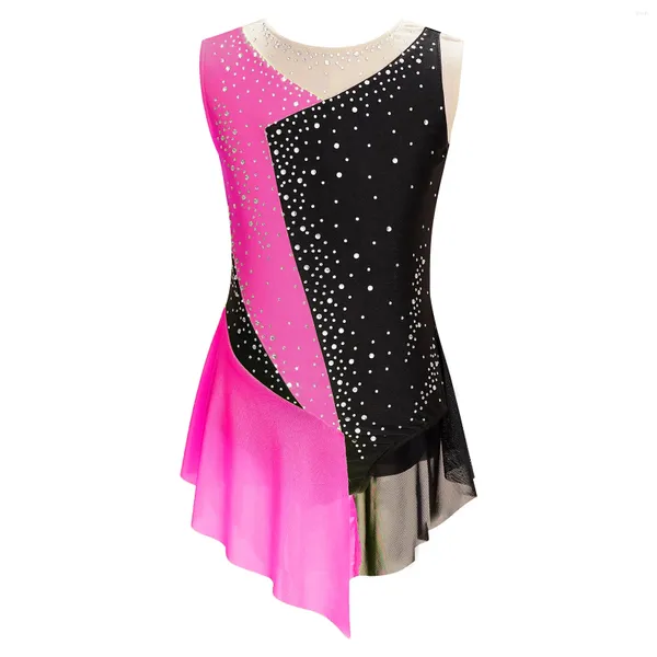 Stage Wear Filles Enfants Paillettes Figure Robe de patinage sur glace Costume de danse Costume de ballet sans manches avec jupe en maille haute-basse