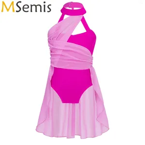 Stage Wear Filles Enfants Sans manches Halter Cou Ruffle Ballet Danse Lyrique Justaucorps Costume Ruché En Mousseline De Soie Corsage Serré Combinaison Wrap Robe