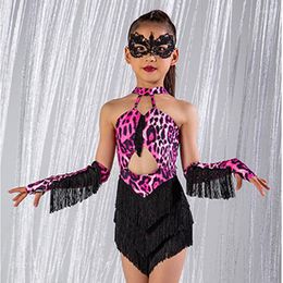 Stage Wear Girls Latin Dance Dessen Pink Leopard Fringe Dress Performance Pak Kids Cha Rumba Samba kostuum DNV17619