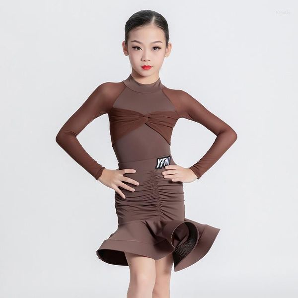 Stage Wear Filles Danse Latine Concours Robe Marron À Manches Longues ChaCha Vêtements Rumba Danse Costume Body Jupe VDB7385