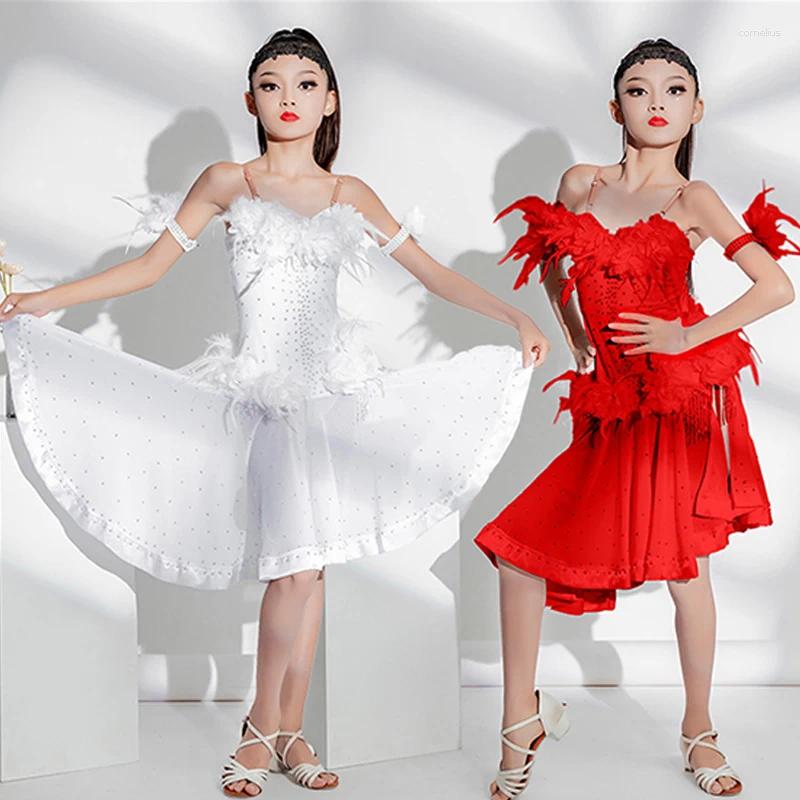 Stage Wear Girls Latin Dance Competition Dress Feather Rhinestone White Red Kids Adult Rumba Ballroom Performance BL11876