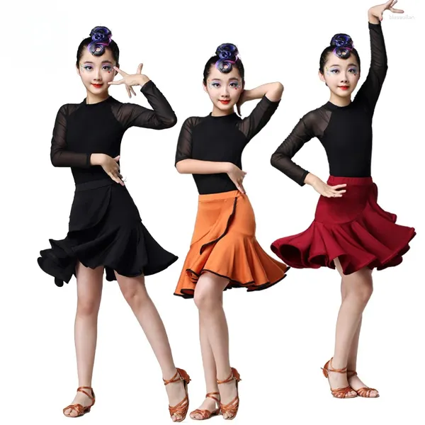 Stage Wear Disfraces de baile latino para niñas Competiciones profesionales para niños Faldas de rendimiento Uniformes de práctica