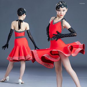 Vêtements de scène filles robe de danse latine rouge strass compétition tenue Cha salle de bal Performance Costume BL5161