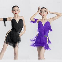 Stage Wear Girls Latin Dance Dress Summer Practice Abiti con frange nere Show Suit Samba Cha Costume Accetta taglia personalizzata