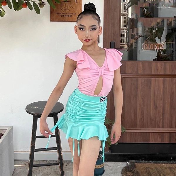 Etapa desgaste niñas traje de baile latino rosa tops menta verde falda rumba práctica niños chacha baile rendimiento traje DL10176