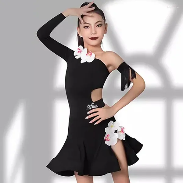 Escenario desgaste niñas baile latino rendimiento traje inclinado hombro flor vestido de manga larga traje rumba salón de baile práctica BL11615