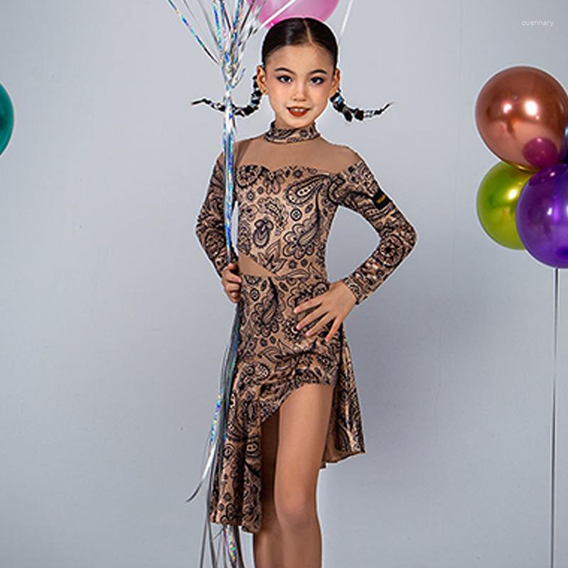 Sahne Giyim Kızlar Latin Dans Performans Elbisesi Kadife Uzun Kollu Cha Rumba Balo Salonu Rekabet Uygulama Giysileri DNV16901