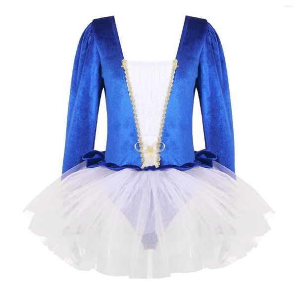 Stage Wear Filles Robe de ballet à manches longues Patchwork Velvet Bowknot Mesh Tutu Princesse Robes Danse Justaucorps Performance Costume