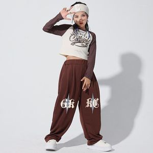 Stage Wear Girls lange mouwen Tops Navel Jazz Dance-kostuum losse bruine hiphop broek concert kpop pak kinderen hiphop kleding bl9318