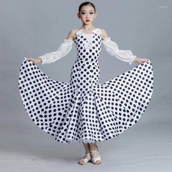 Portez des filles Polka Dots Ballroom Dance Robe Dossher Tango Dancing Costume BodySuit Jupe Prom Waltz Robes VDB6196